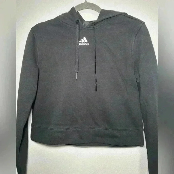 207. Adidas Black Stripped Cropped Hoodie size medium - Picture 2 of 6